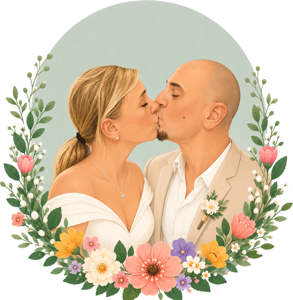 Ritratto illustrato di Francesca e Danilo circondati da fiori